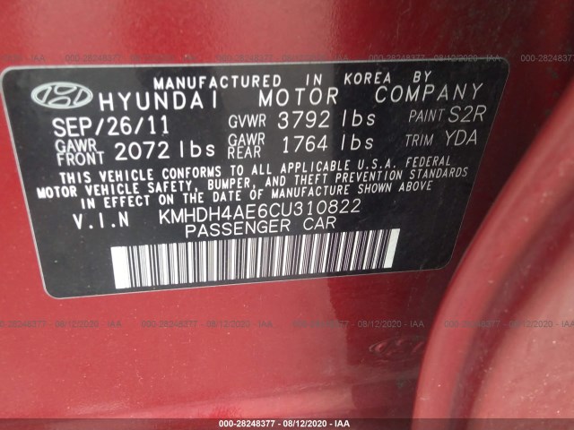 Photo 8 VIN: KMHDH4AE6CU310822 - HYUNDAI ELANTRA 