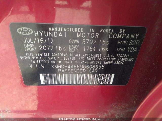 Photo 8 VIN: KMHDH4AE6DU608658 - HYUNDAI ELANTRA 