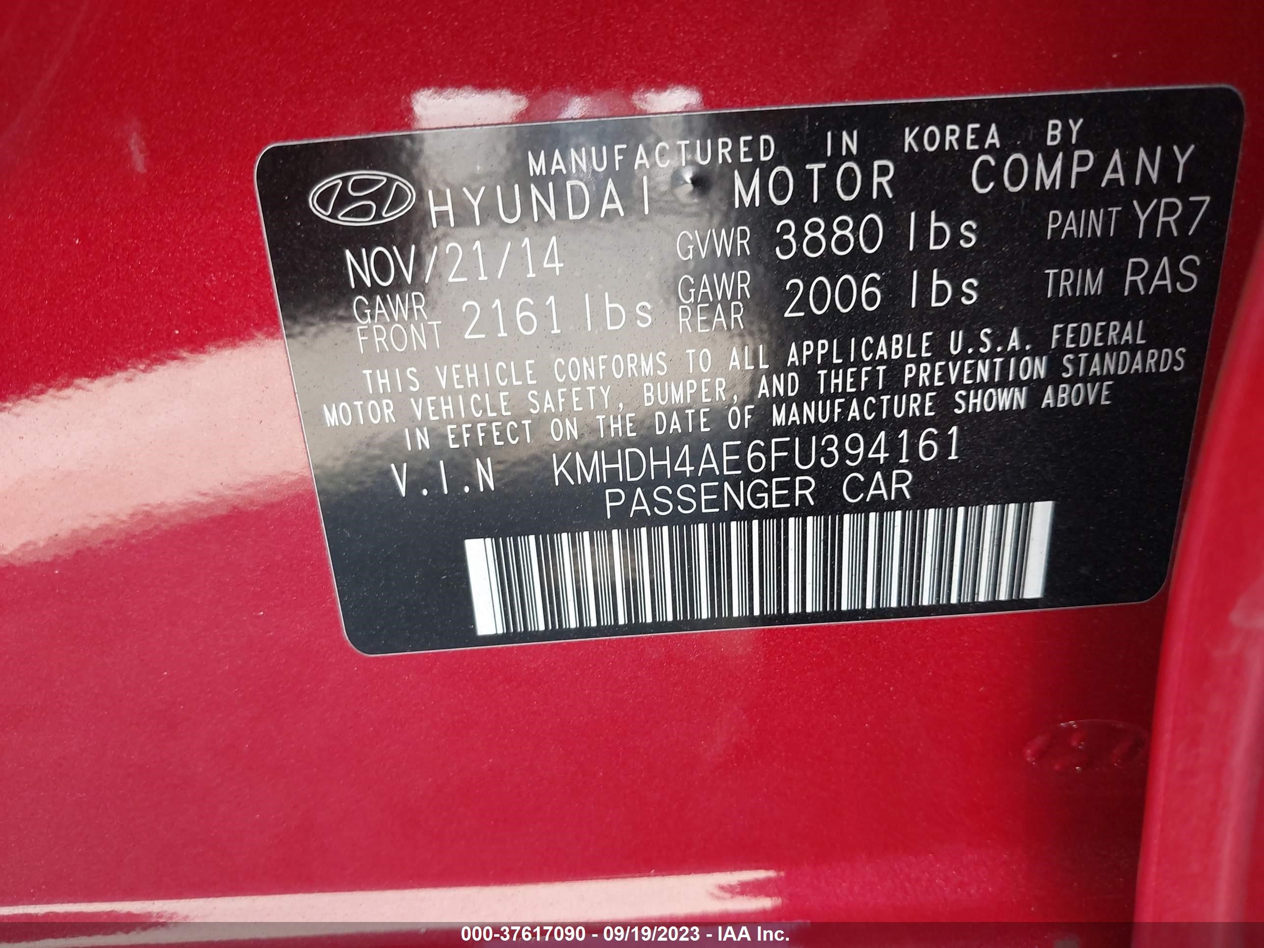 Photo 8 VIN: KMHDH4AE6FU394161 - HYUNDAI ELANTRA 