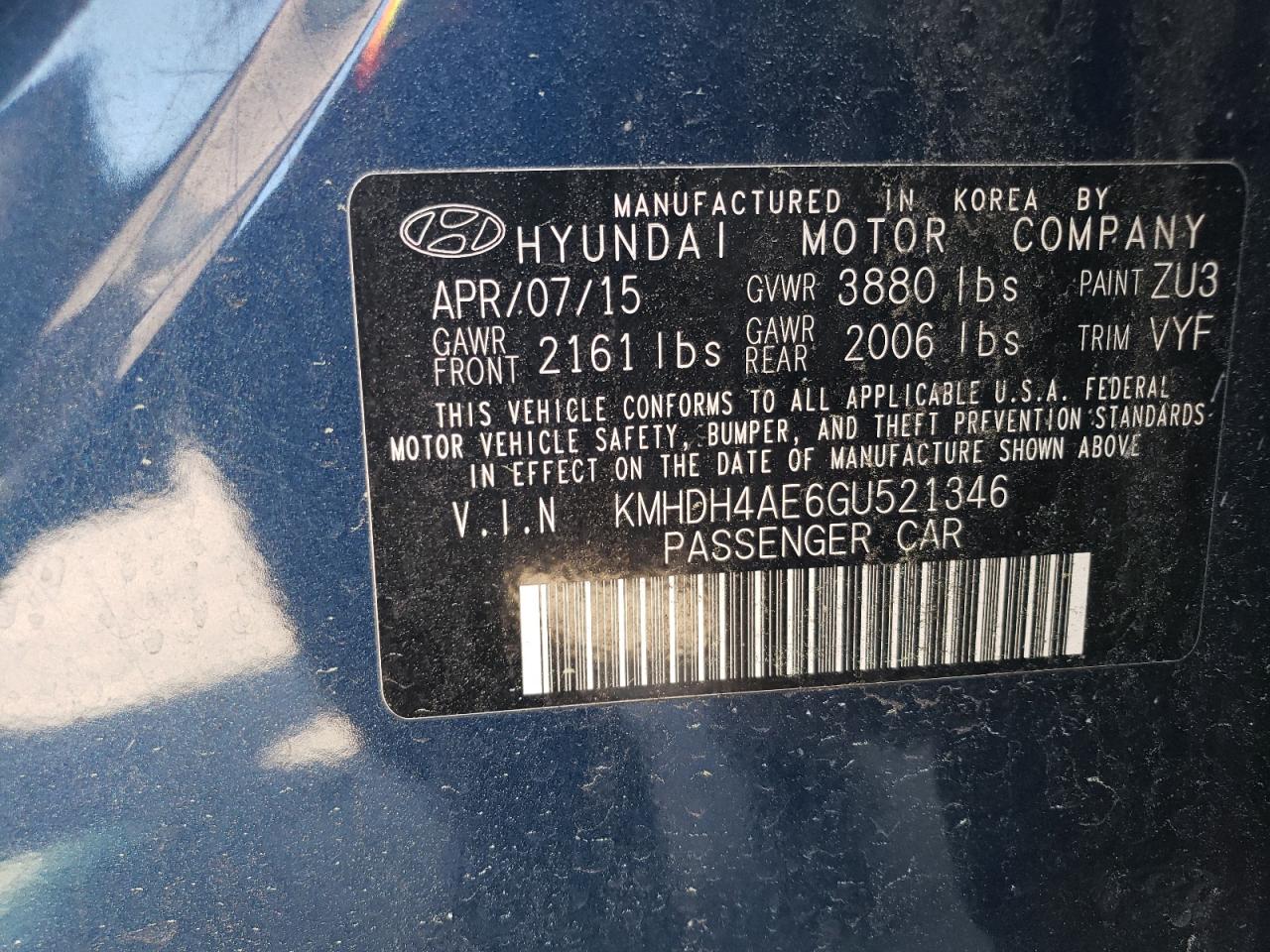 Photo 12 VIN: KMHDH4AE6GU521346 - HYUNDAI ELANTRA 