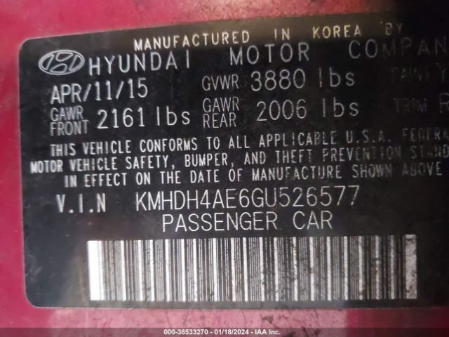 Photo 8 VIN: KMHDH4AE6GU526577 - HYUNDAI ELANTRA 