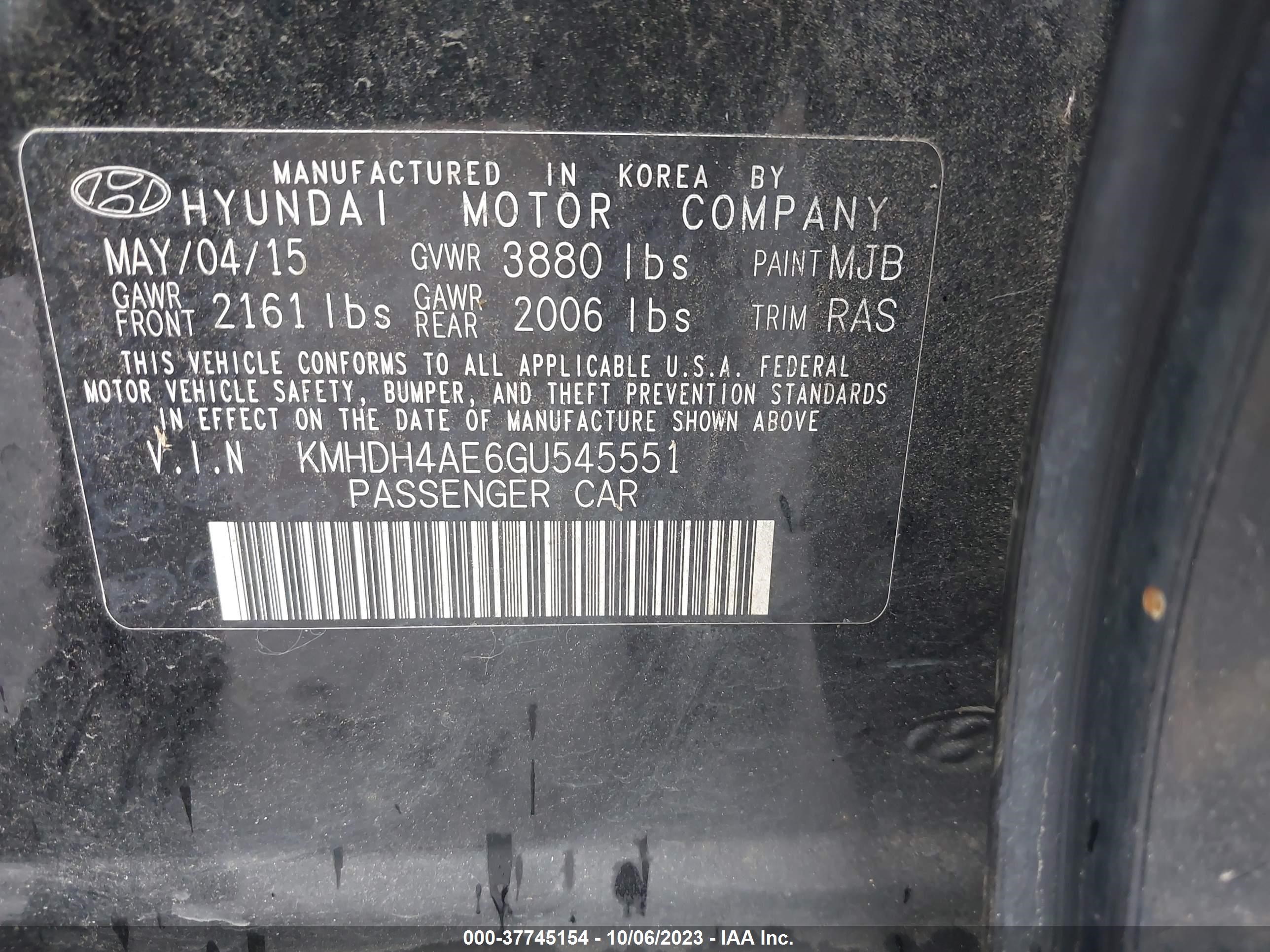 Photo 8 VIN: KMHDH4AE6GU545551 - HYUNDAI ELANTRA 