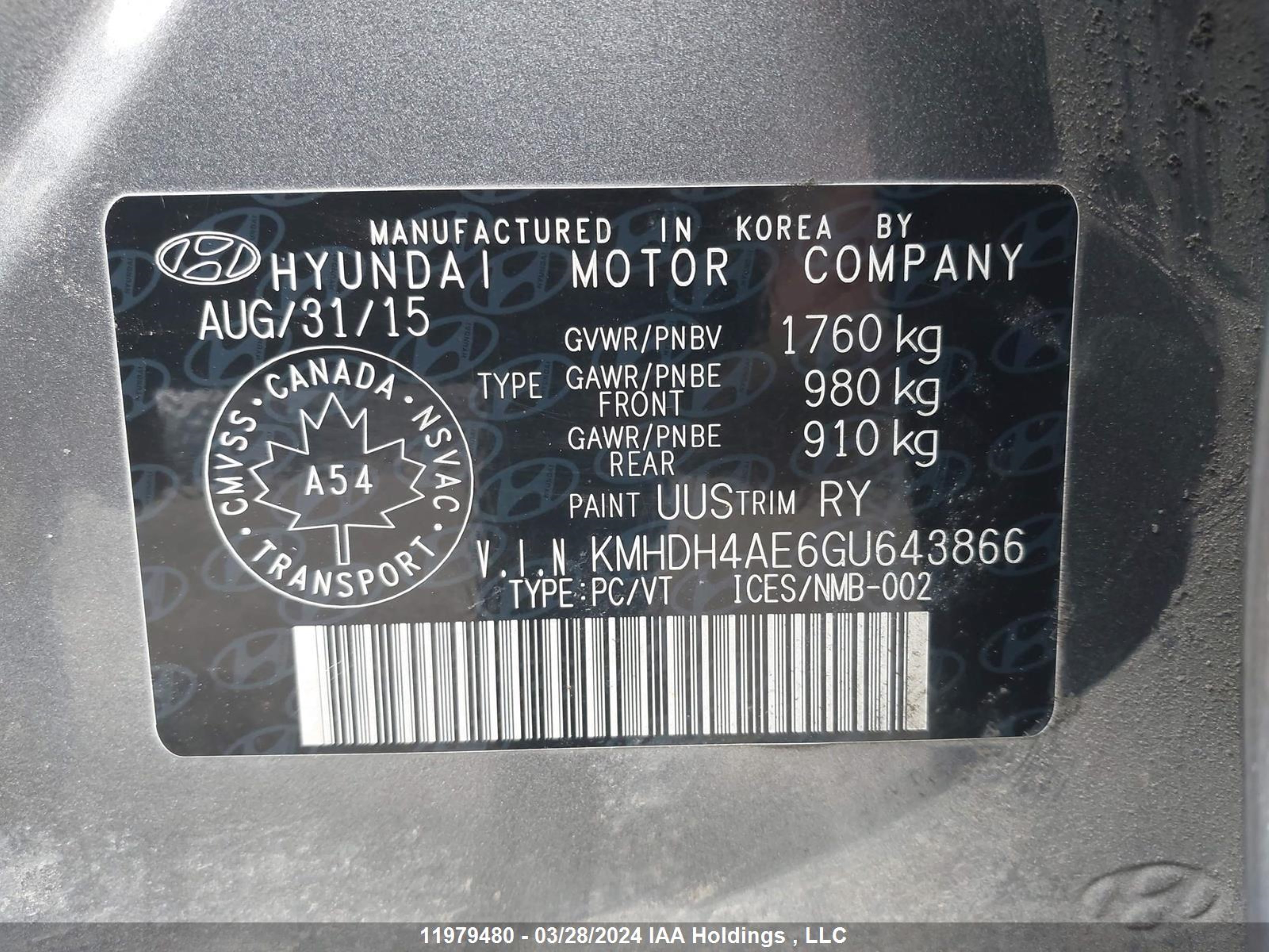 Photo 8 VIN: KMHDH4AE6GU643866 - HYUNDAI ELANTRA 