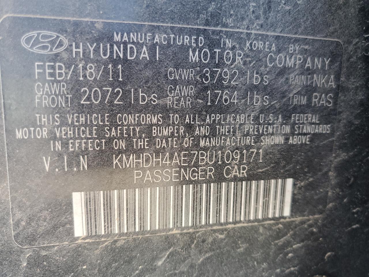 Photo 11 VIN: KMHDH4AE7BU109171 - HYUNDAI ELANTRA 