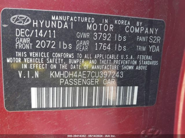 Photo 8 VIN: KMHDH4AE7CU397243 - HYUNDAI ELANTRA 