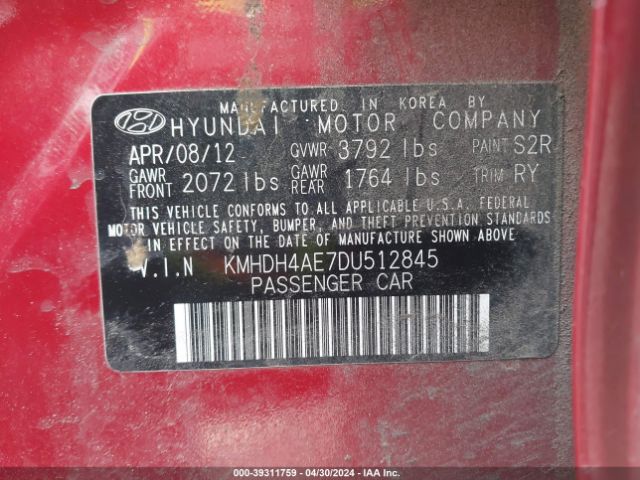 Photo 8 VIN: KMHDH4AE7DU512845 - HYUNDAI ELANTRA 