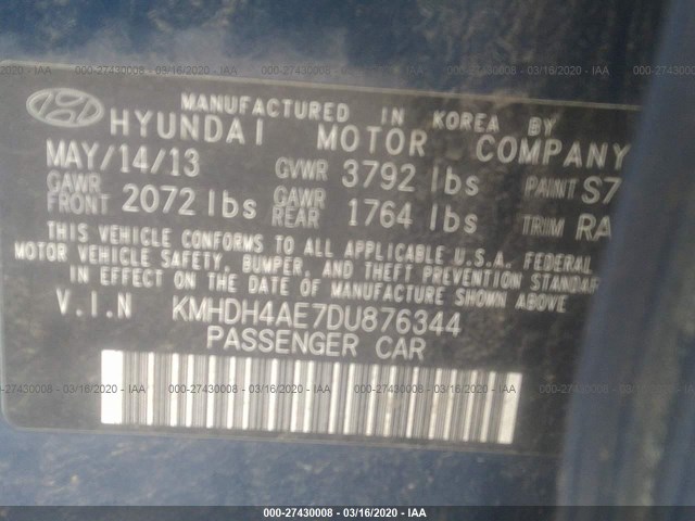 Photo 8 VIN: KMHDH4AE7DU876344 - HYUNDAI ELANTRA 