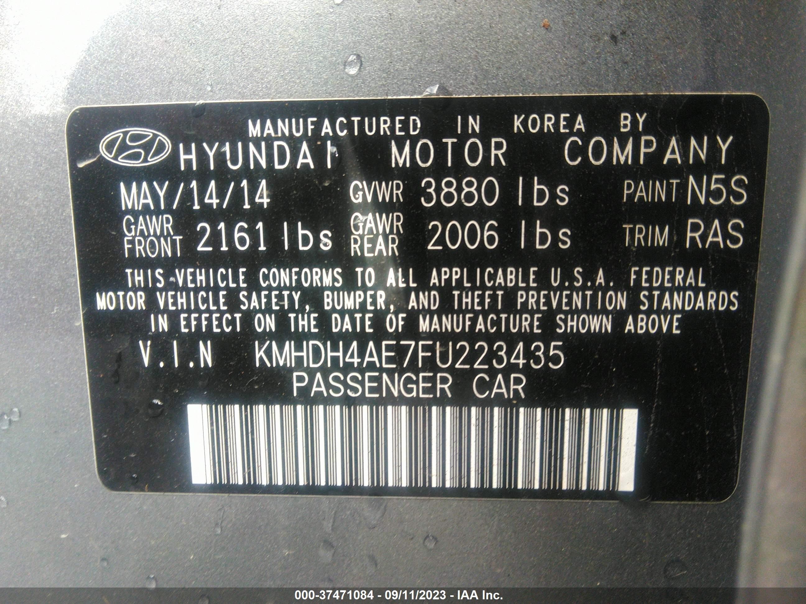 Photo 8 VIN: KMHDH4AE7FU223435 - HYUNDAI ELANTRA 