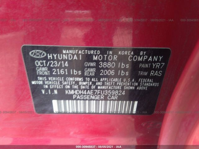 Photo 8 VIN: KMHDH4AE7FU359824 - HYUNDAI ELANTRA 