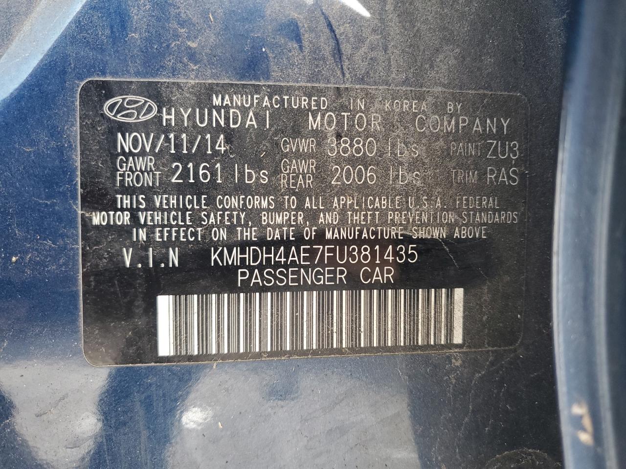 Photo 11 VIN: KMHDH4AE7FU381435 - HYUNDAI ELANTRA 