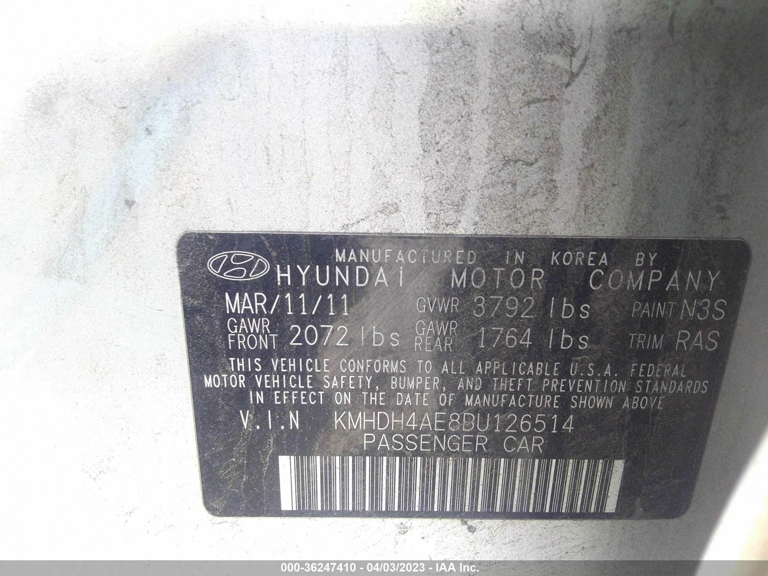 Photo 8 VIN: KMHDH4AE8BU126514 - HYUNDAI ELANTRA 