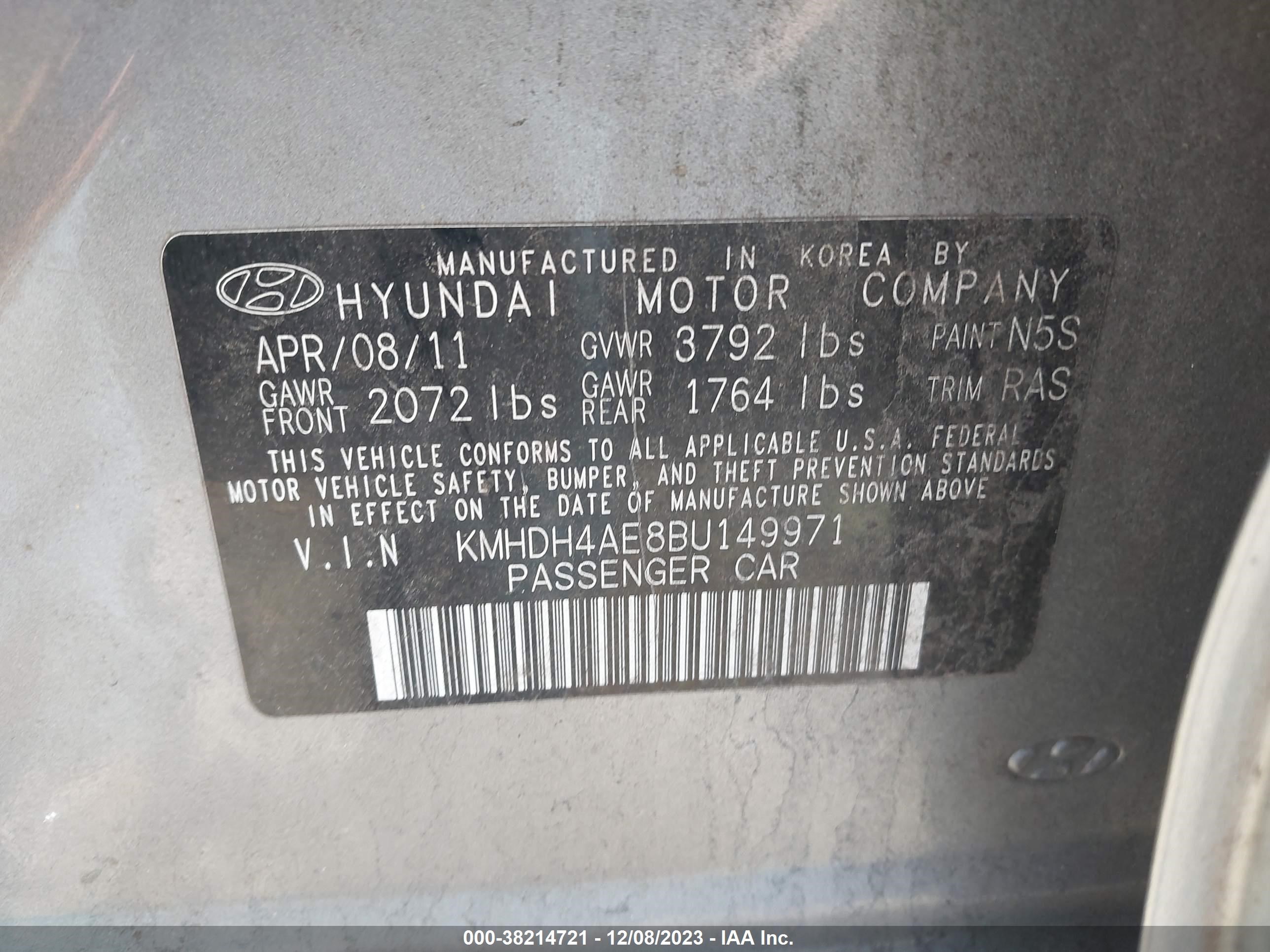 Photo 8 VIN: KMHDH4AE8BU149971 - HYUNDAI ELANTRA 