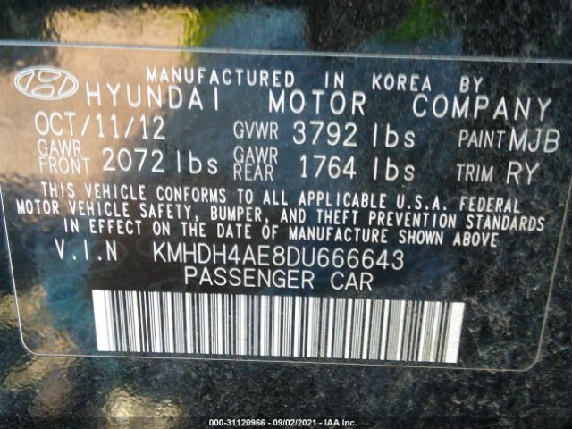 Photo 8 VIN: KMHDH4AE8DU666643 - HYUNDAI ELANTRA 