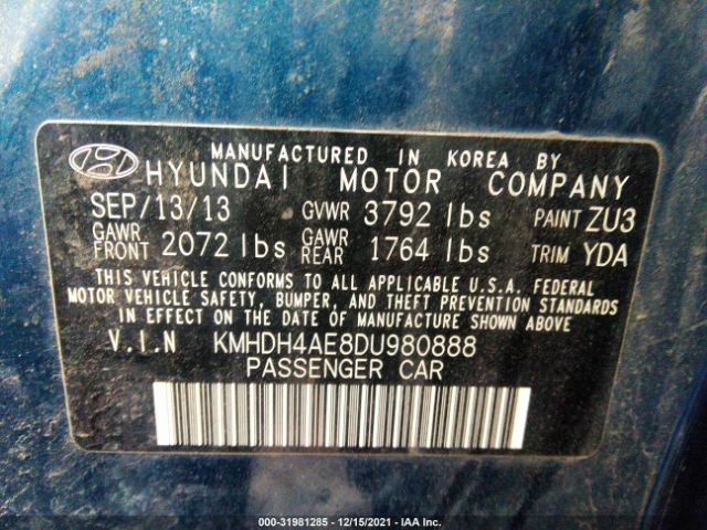 Photo 8 VIN: KMHDH4AE8DU980888 - HYUNDAI ELANTRA 