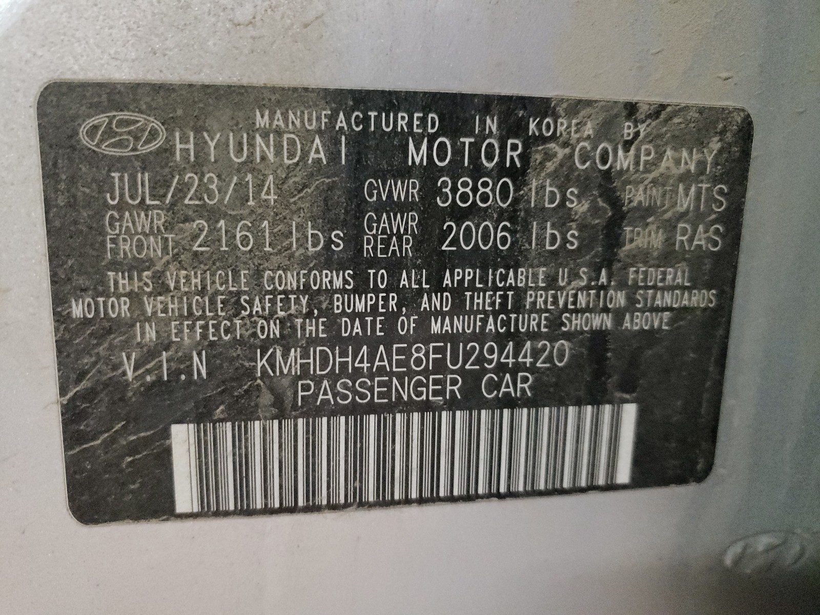 Photo 9 VIN: KMHDH4AE8FU294420 - HYUNDAI ELANTRA SE 