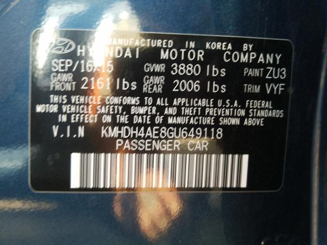 Photo 9 VIN: KMHDH4AE8GU649118 - HYUNDAI ELANTRA SE 