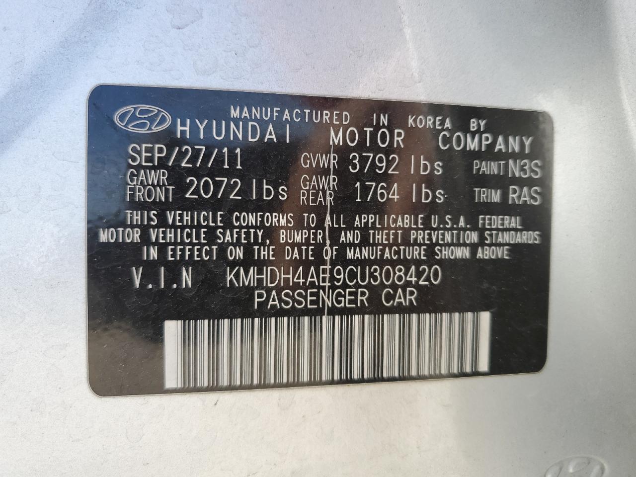 Photo 12 VIN: KMHDH4AE9CU308420 - HYUNDAI ELANTRA 