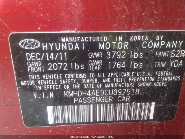 Photo 8 VIN: KMHDH4AE9CU397518 - HYUNDAI ELANTRA 