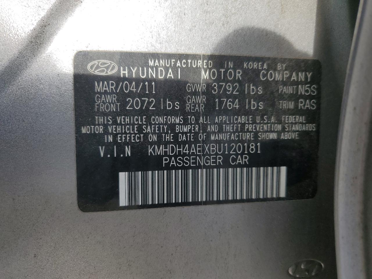 Photo 11 VIN: KMHDH4AEXBU120181 - HYUNDAI ELANTRA 