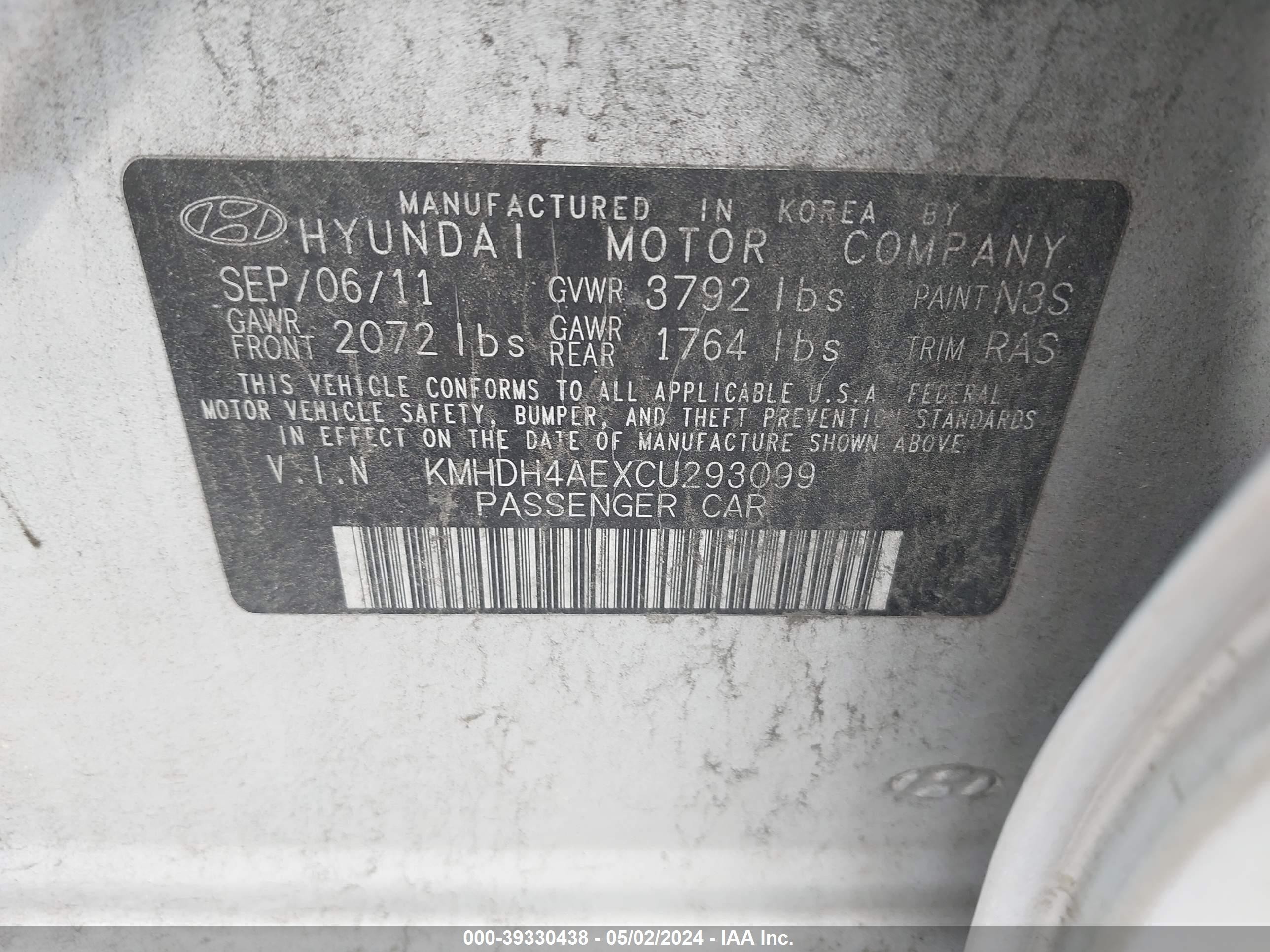 Photo 8 VIN: KMHDH4AEXCU293099 - HYUNDAI ELANTRA 