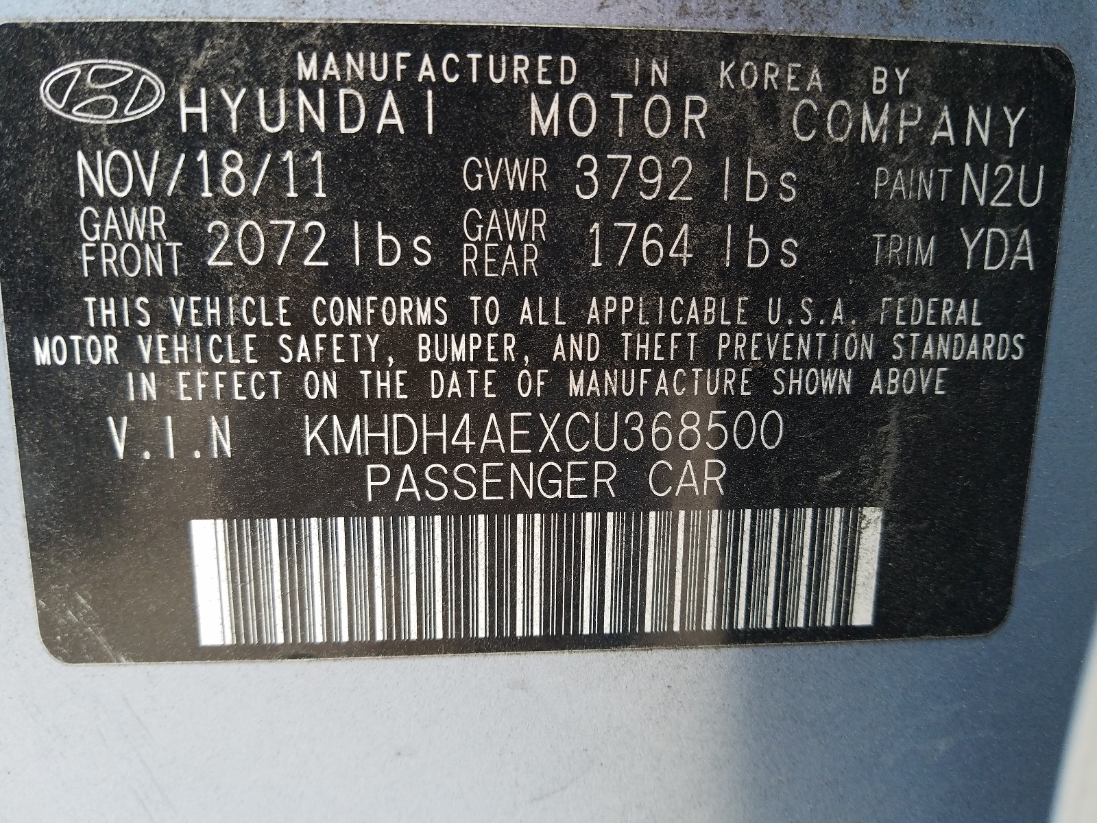 Photo 9 VIN: KMHDH4AEXCU368500 - HYUNDAI ELANTRA GL 