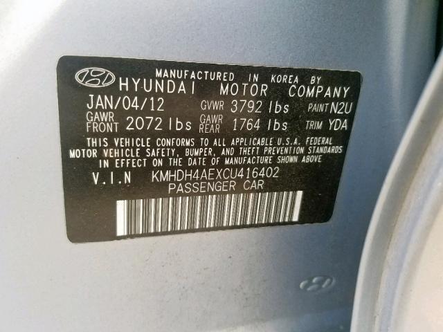 Photo 9 VIN: KMHDH4AEXCU416402 - HYUNDAI ELANTRA GL 