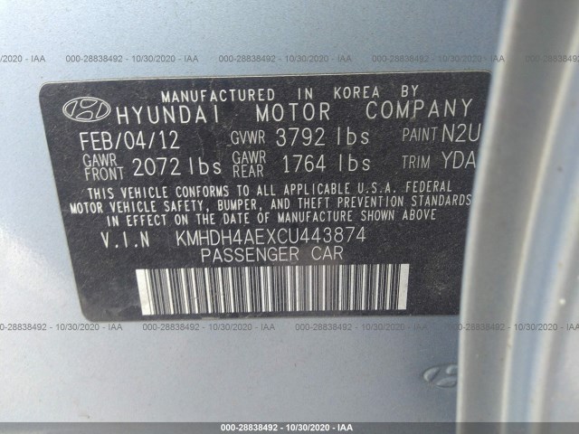 Photo 8 VIN: KMHDH4AEXCU443874 - HYUNDAI ELANTRA 