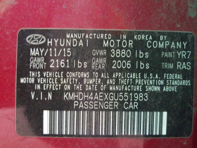 Photo 9 VIN: KMHDH4AEXGU551983 - HYUNDAI ELANTRA SE 