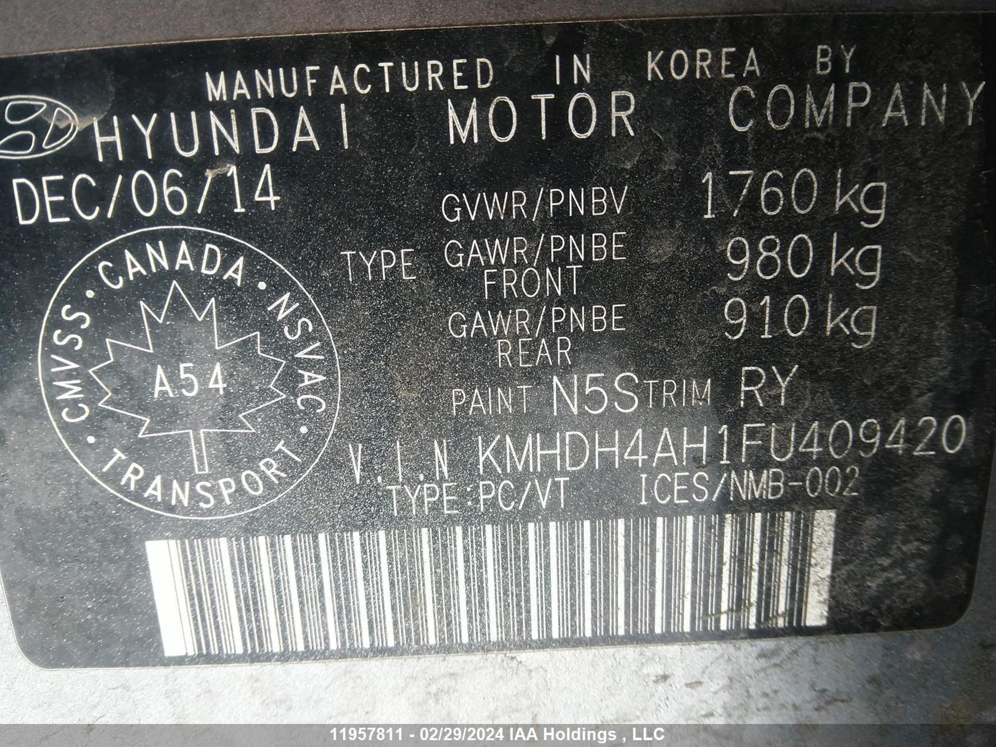 Photo 8 VIN: KMHDH4AH1FU409420 - HYUNDAI ELANTRA 