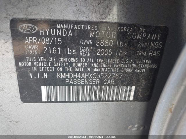 Photo 8 VIN: KMHDH4AHXGU522767 - HYUNDAI ELANTRA 