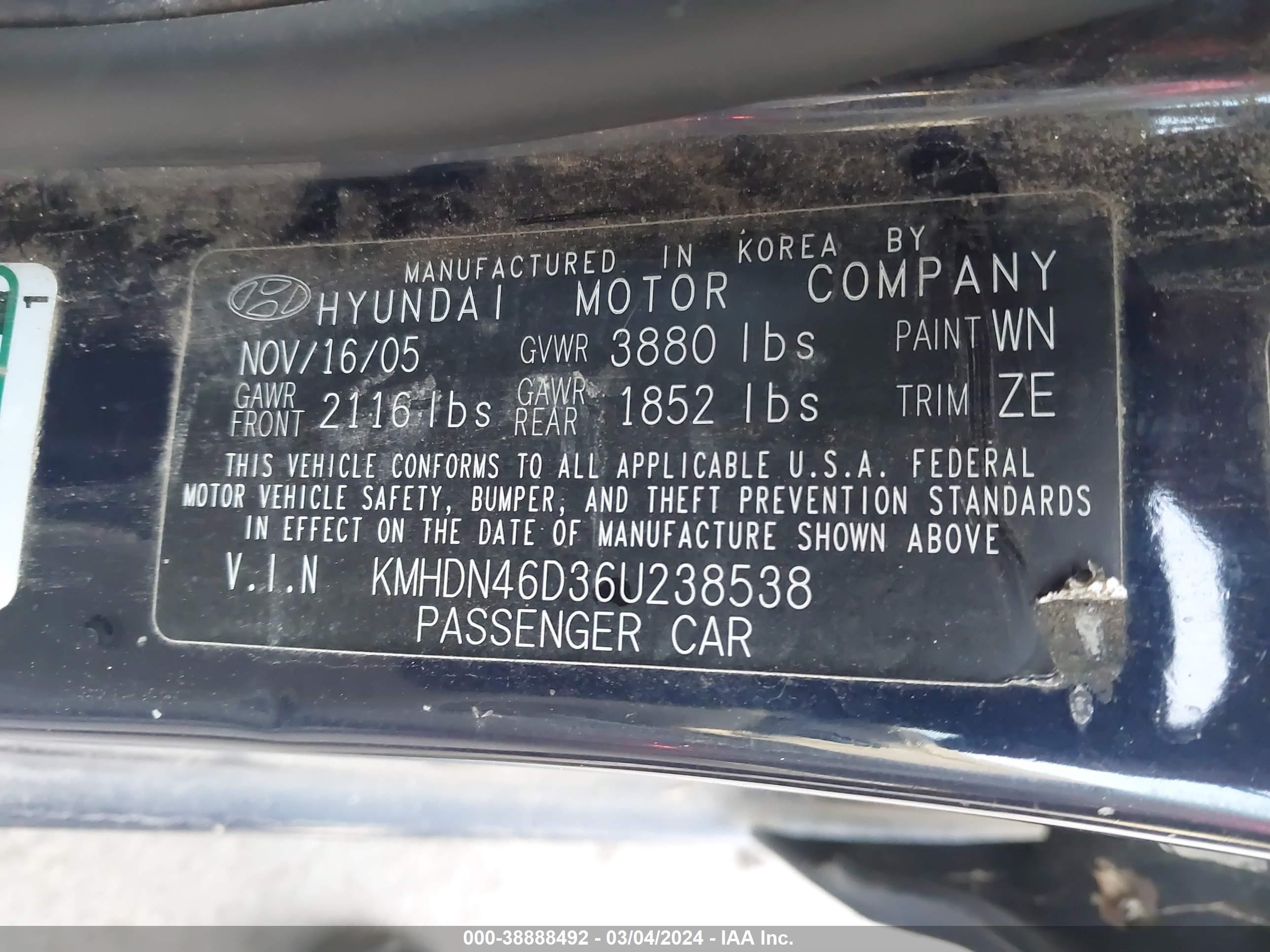 Photo 8 VIN: KMHDN46D36U238538 - HYUNDAI ELANTRA 