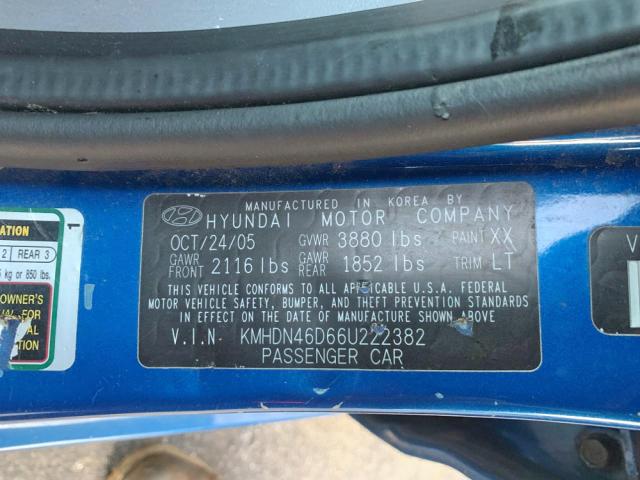 Photo 9 VIN: KMHDN46D66U222382 - HYUNDAI ELANTRA GL 