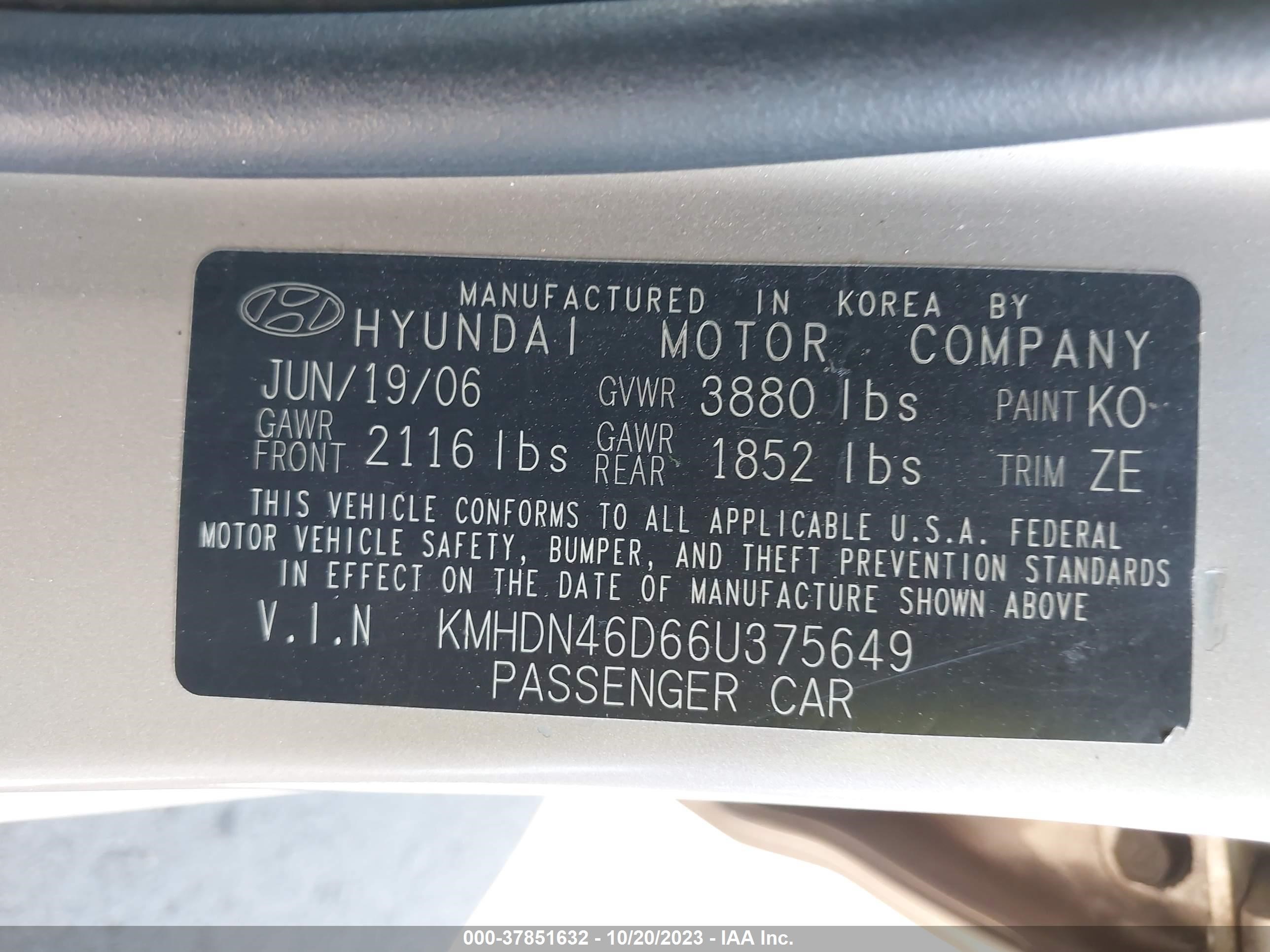 Photo 8 VIN: KMHDN46D66U375649 - HYUNDAI ELANTRA 