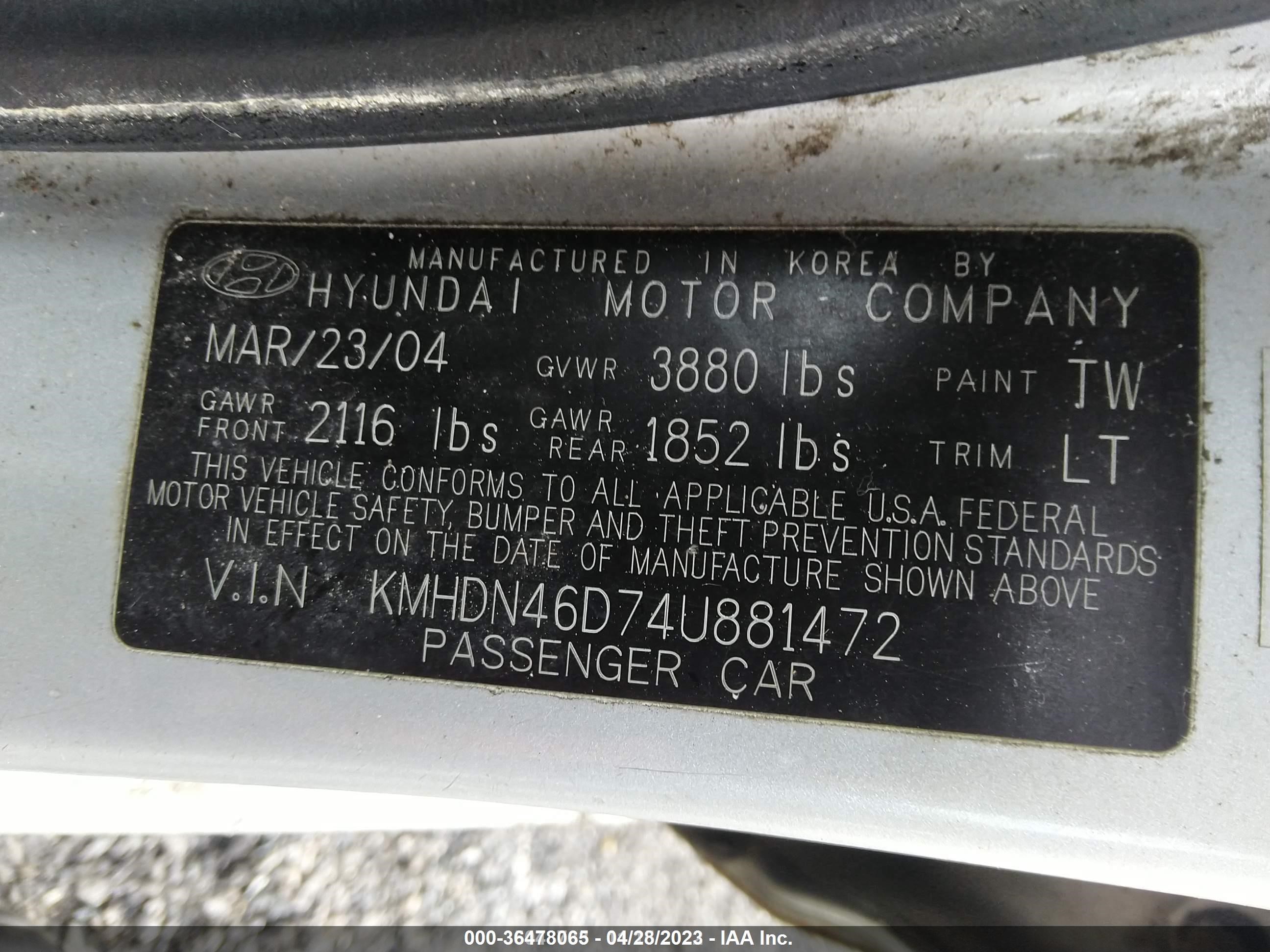 Photo 8 VIN: KMHDN46D74U881472 - HYUNDAI ELANTRA 