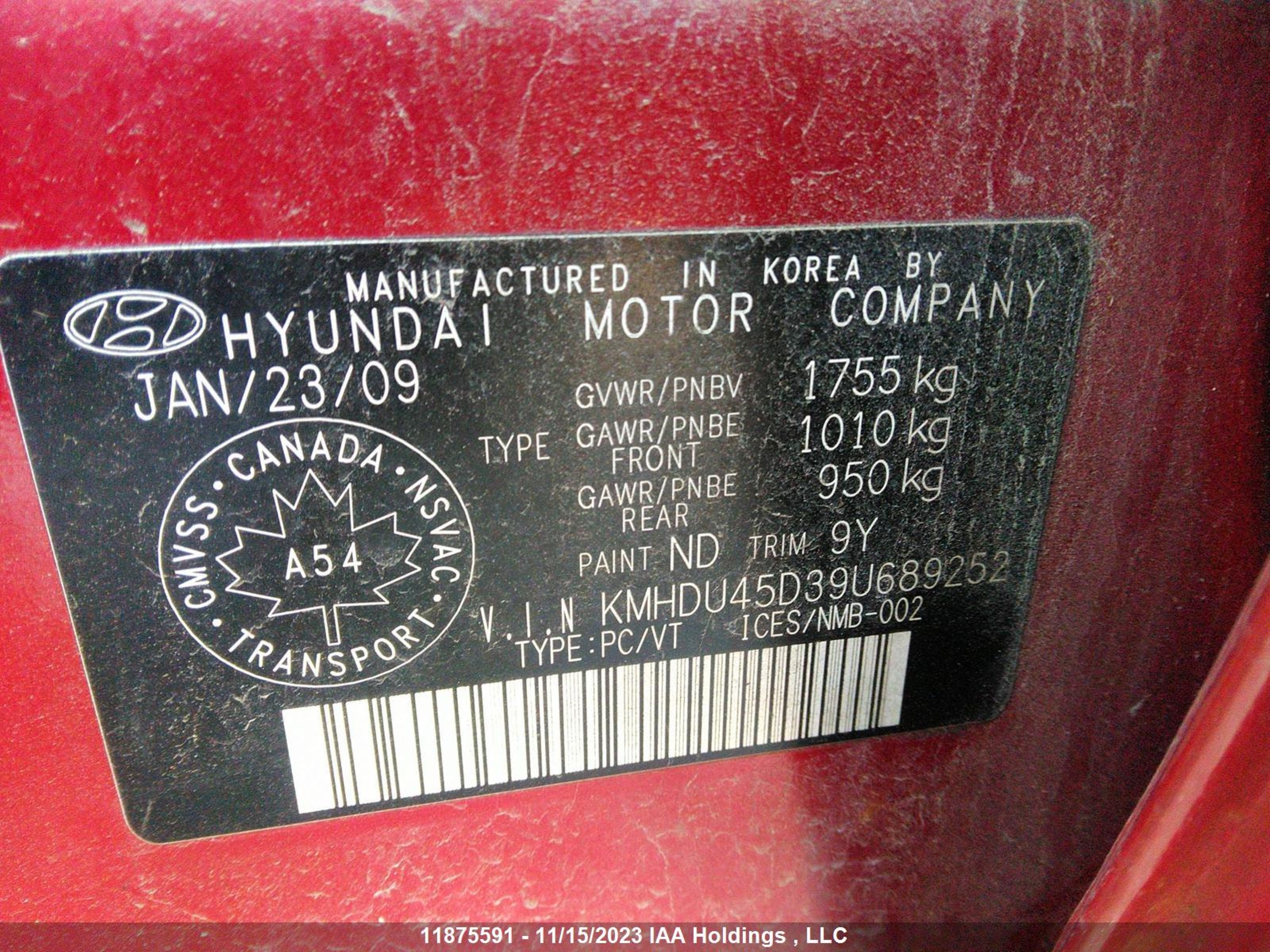 Photo 8 VIN: KMHDU45D39U689252 - HYUNDAI ELANTRA 