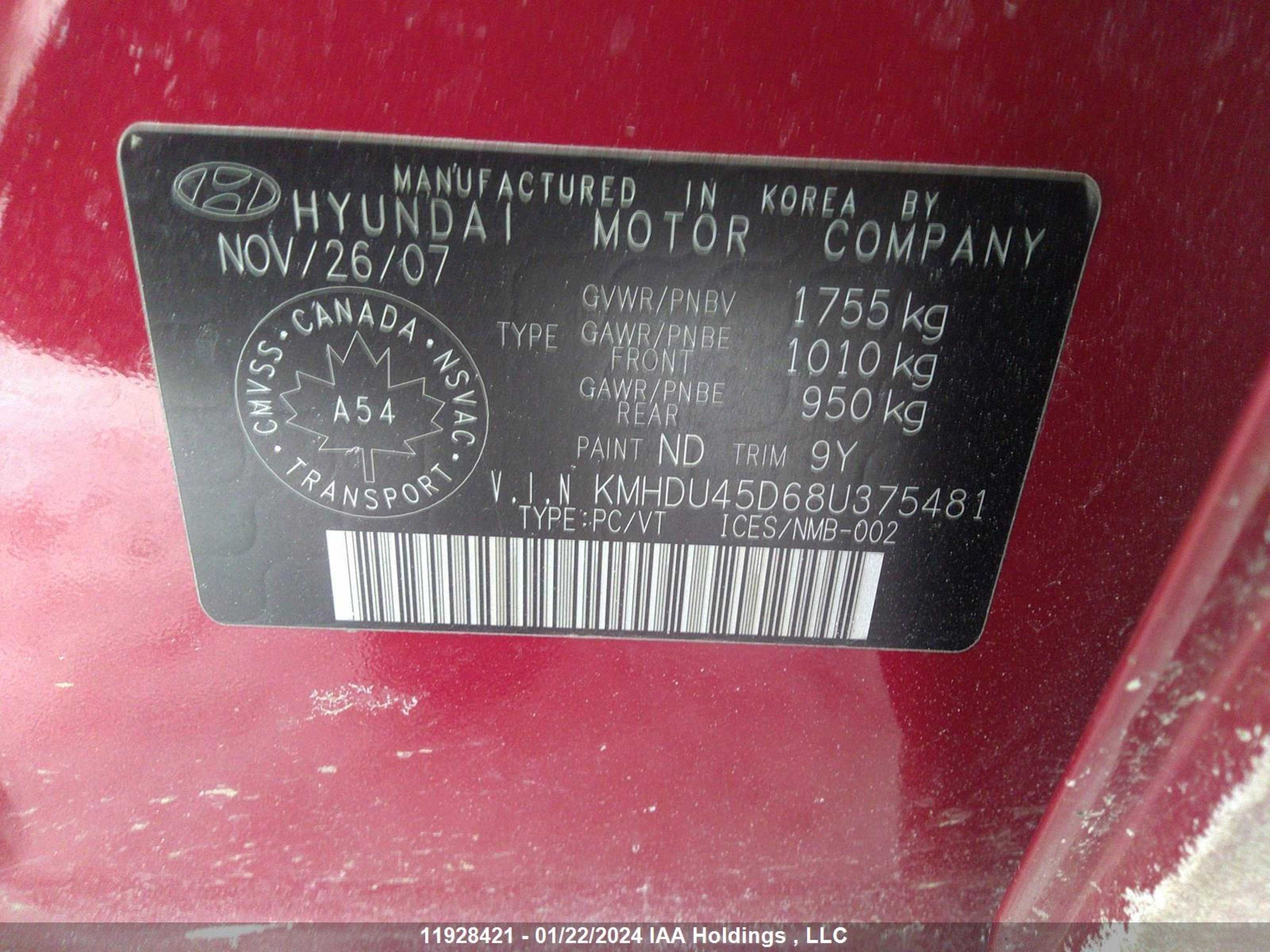 Photo 8 VIN: KMHDU45D68U375481 - HYUNDAI ELANTRA 