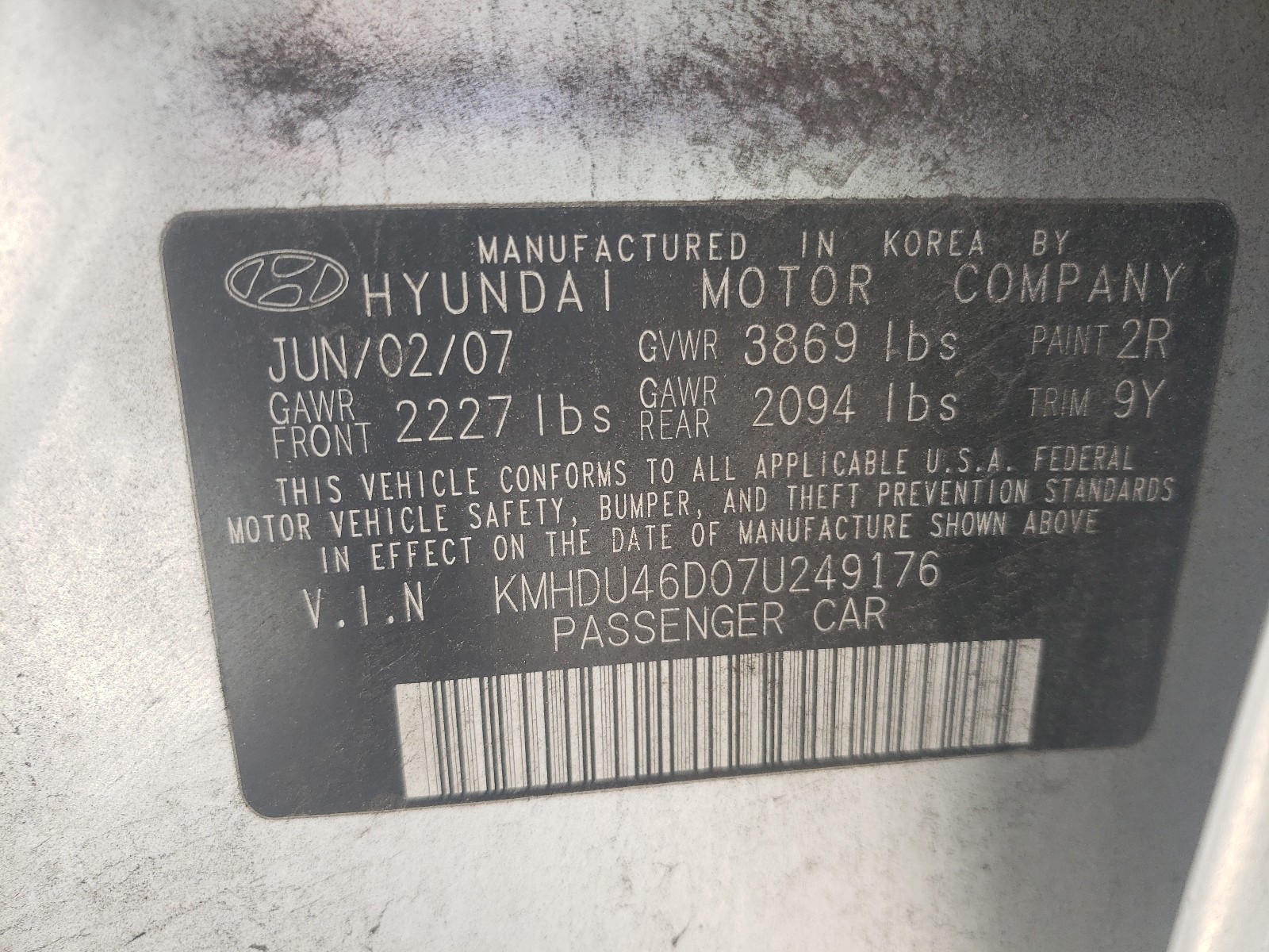 Photo 9 VIN: KMHDU46D07U249176 - HYUNDAI ELANTRA GL 