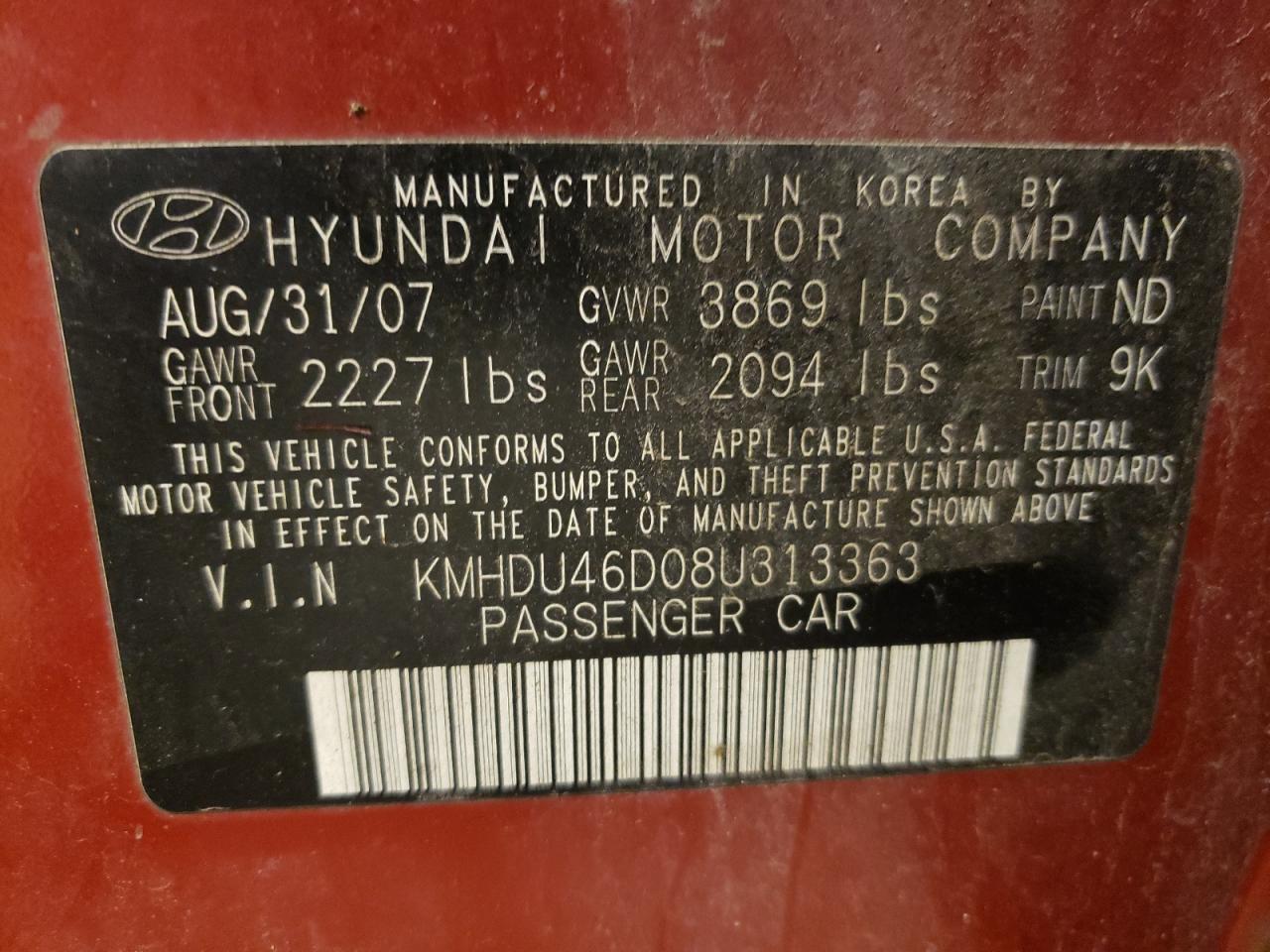 Photo 11 VIN: KMHDU46D08U313363 - HYUNDAI ELANTRA 