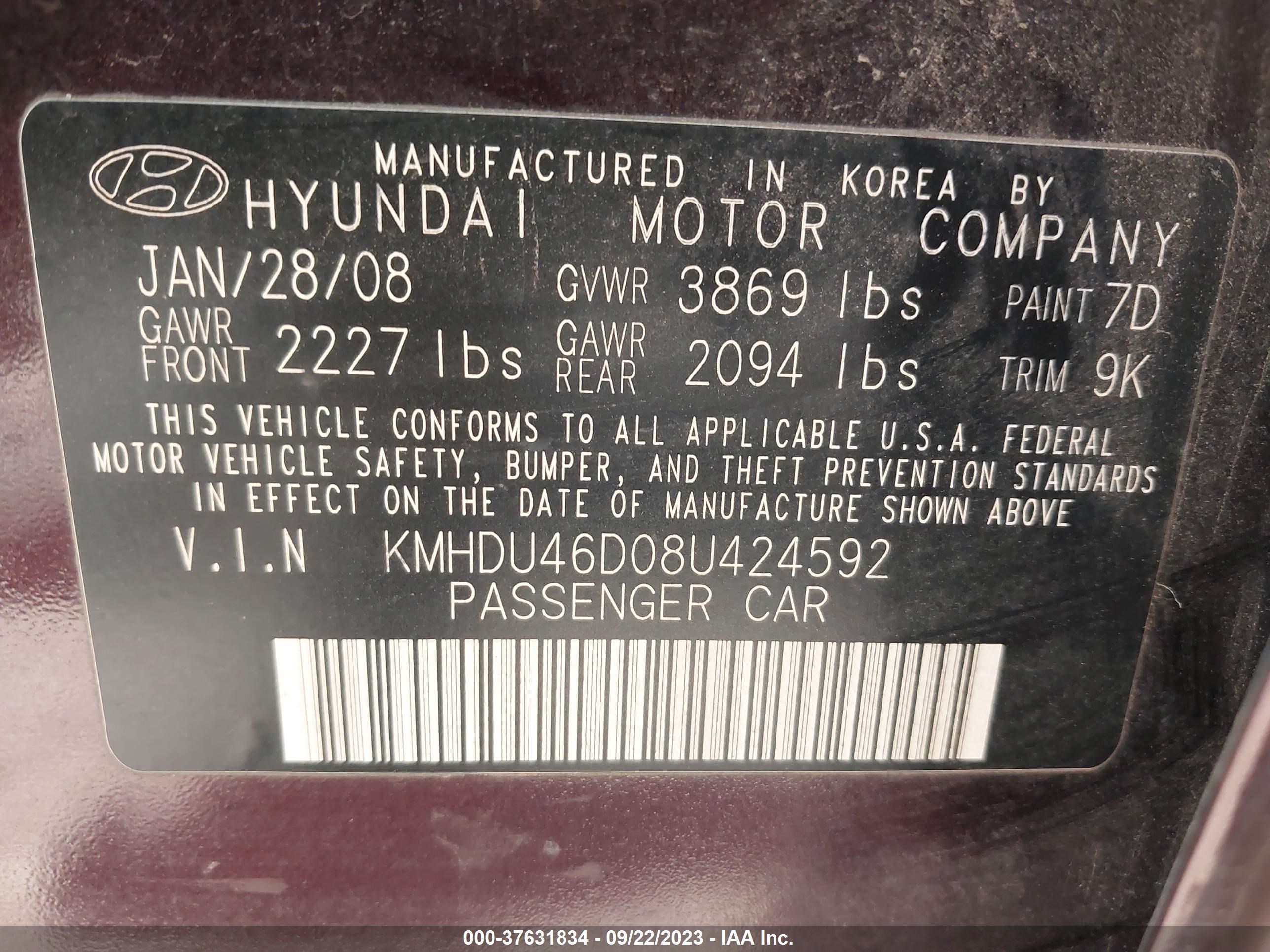 Photo 8 VIN: KMHDU46D08U424592 - HYUNDAI ELANTRA 