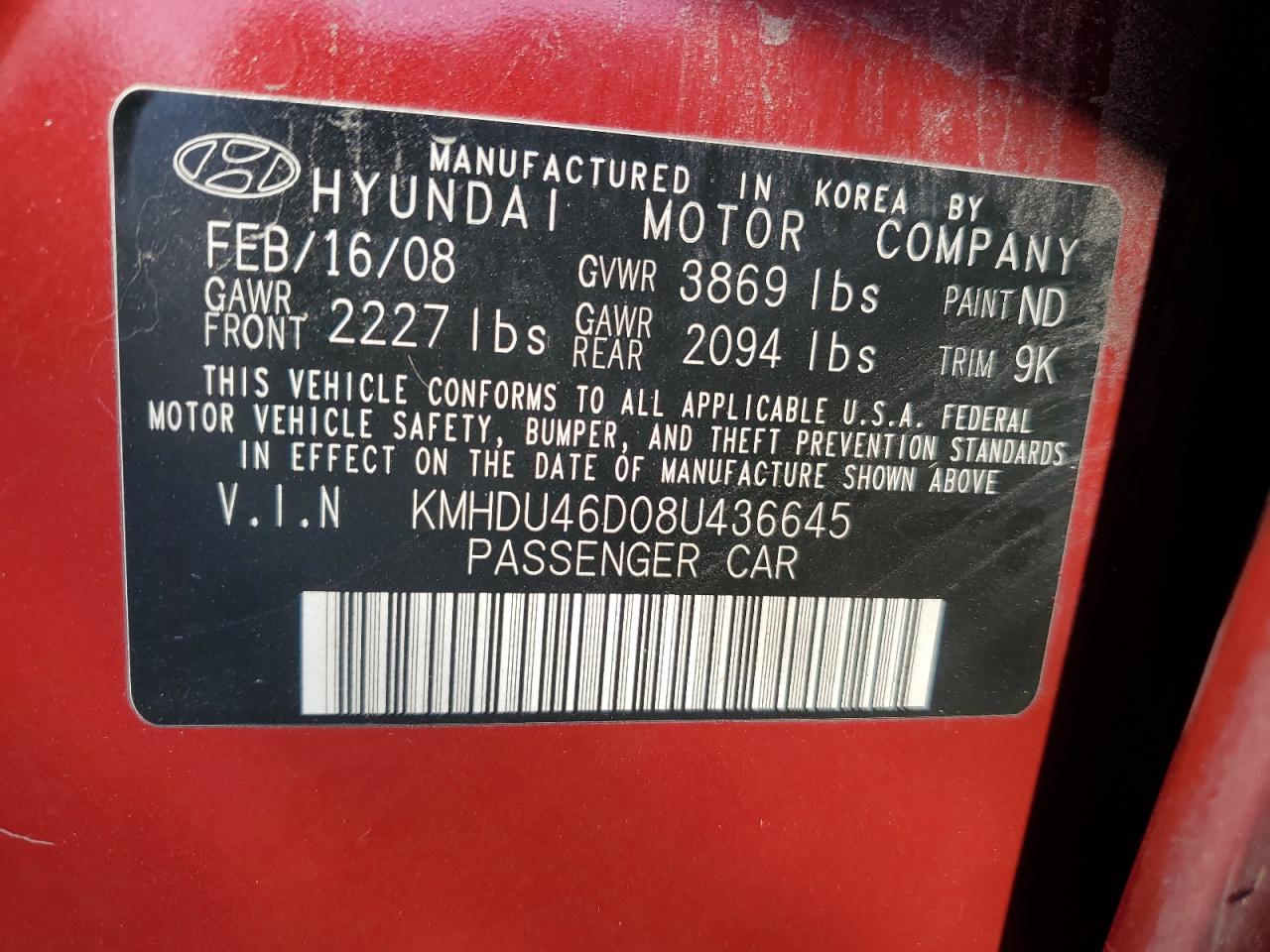 Photo 11 VIN: KMHDU46D08U436645 - HYUNDAI ELANTRA 