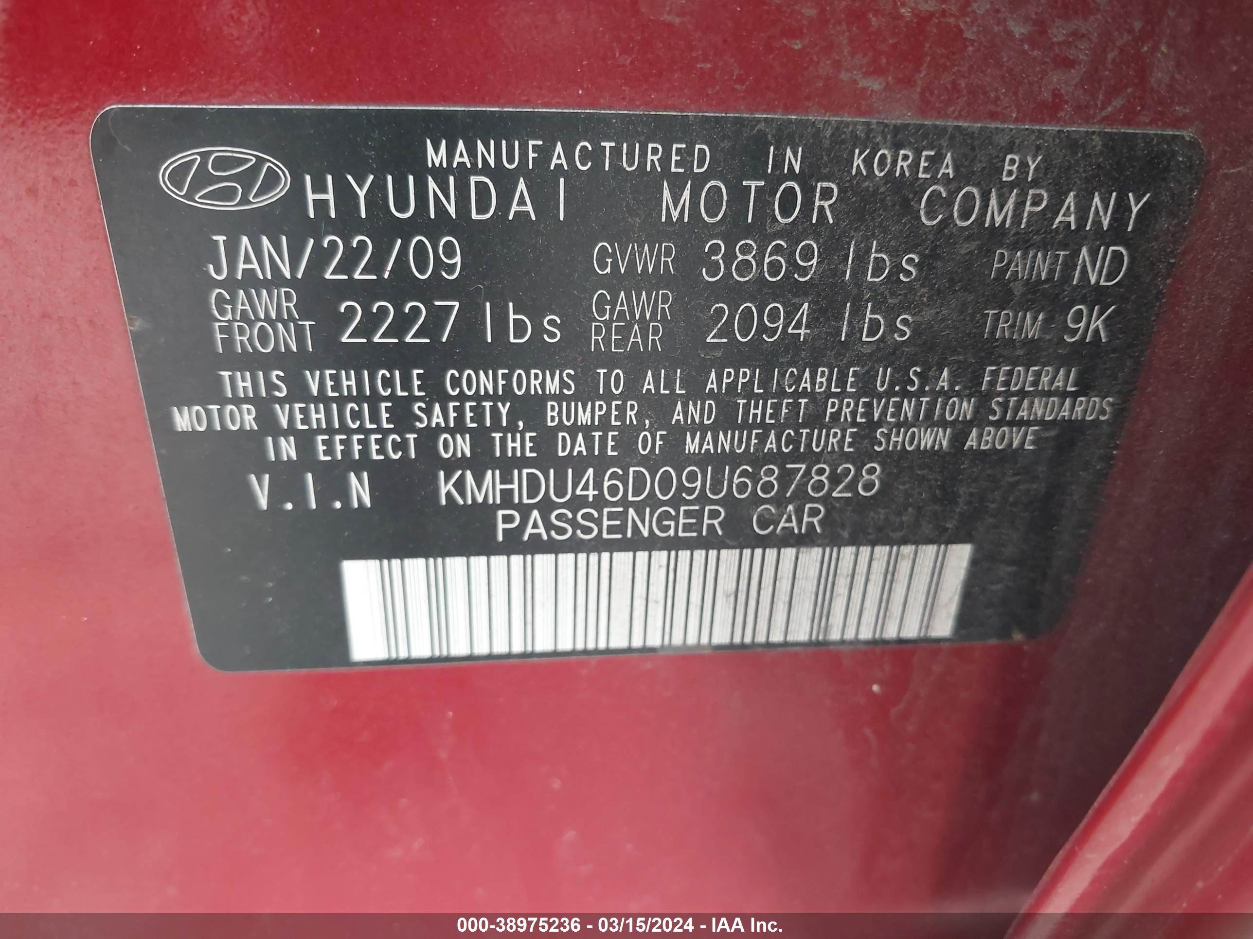 Photo 8 VIN: KMHDU46D09U687828 - HYUNDAI ELANTRA 