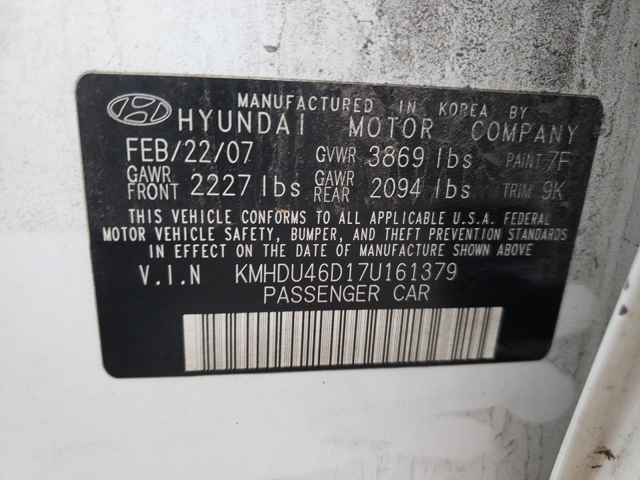 Photo 12 VIN: KMHDU46D17U161379 - HYUNDAI ELANTRA 