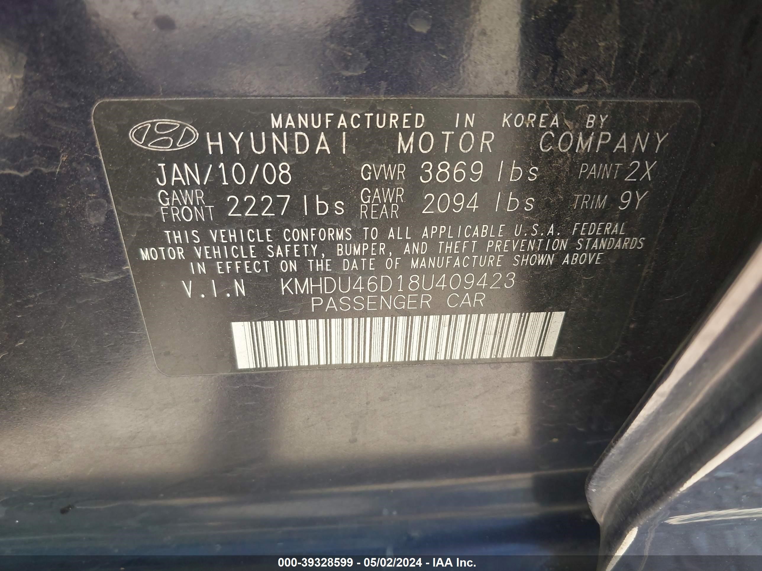 Photo 8 VIN: KMHDU46D18U409423 - HYUNDAI ELANTRA 