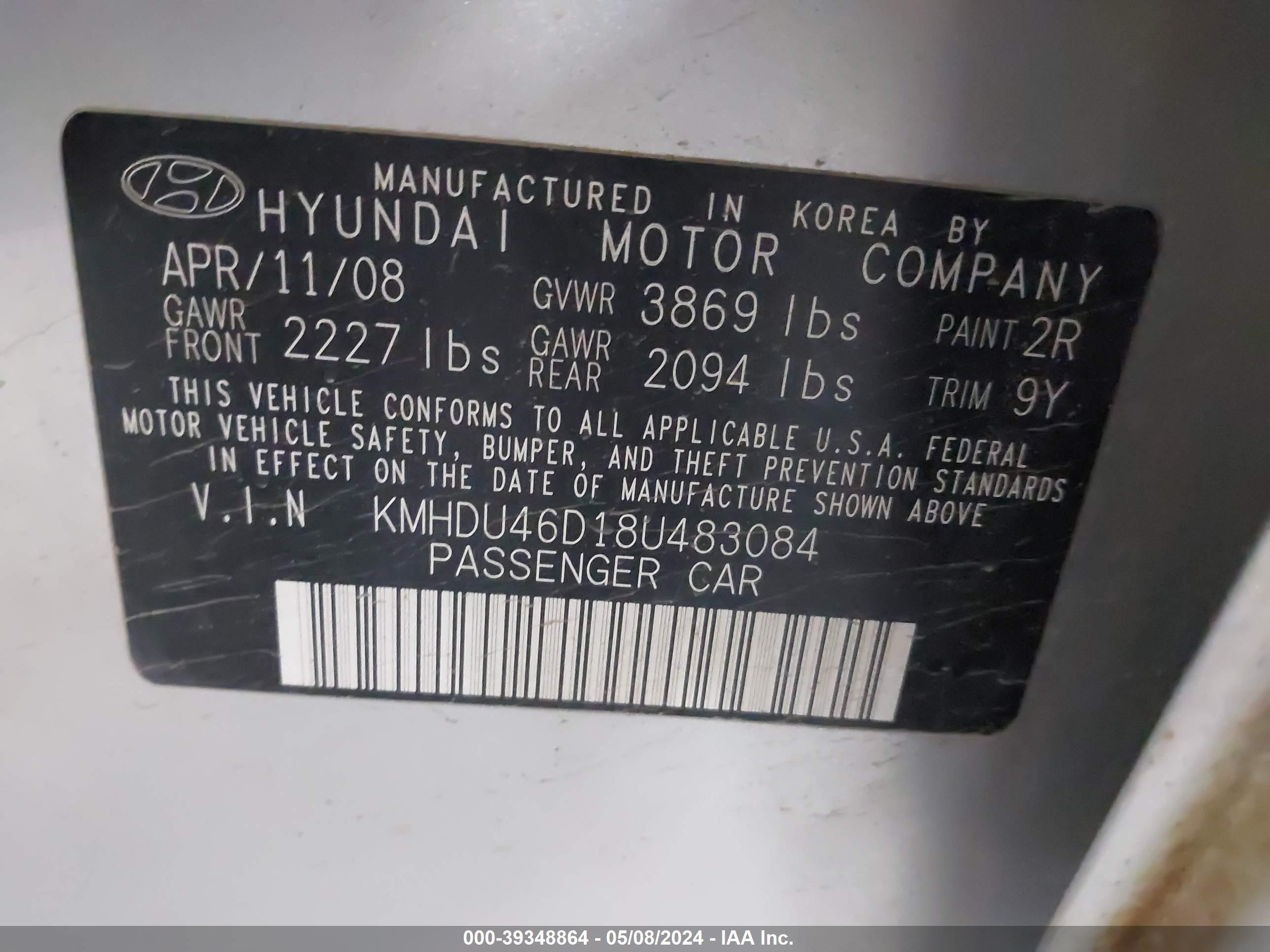 Photo 8 VIN: KMHDU46D18U483084 - HYUNDAI ELANTRA 