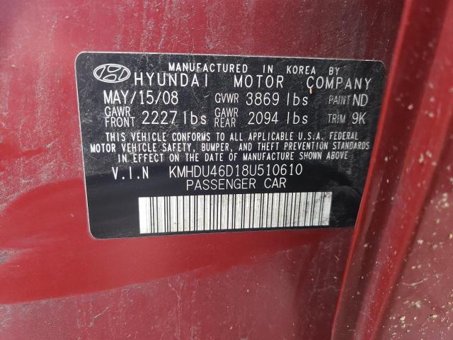 Photo 11 VIN: KMHDU46D18U510610 - HYUNDAI ELANTRA GL 