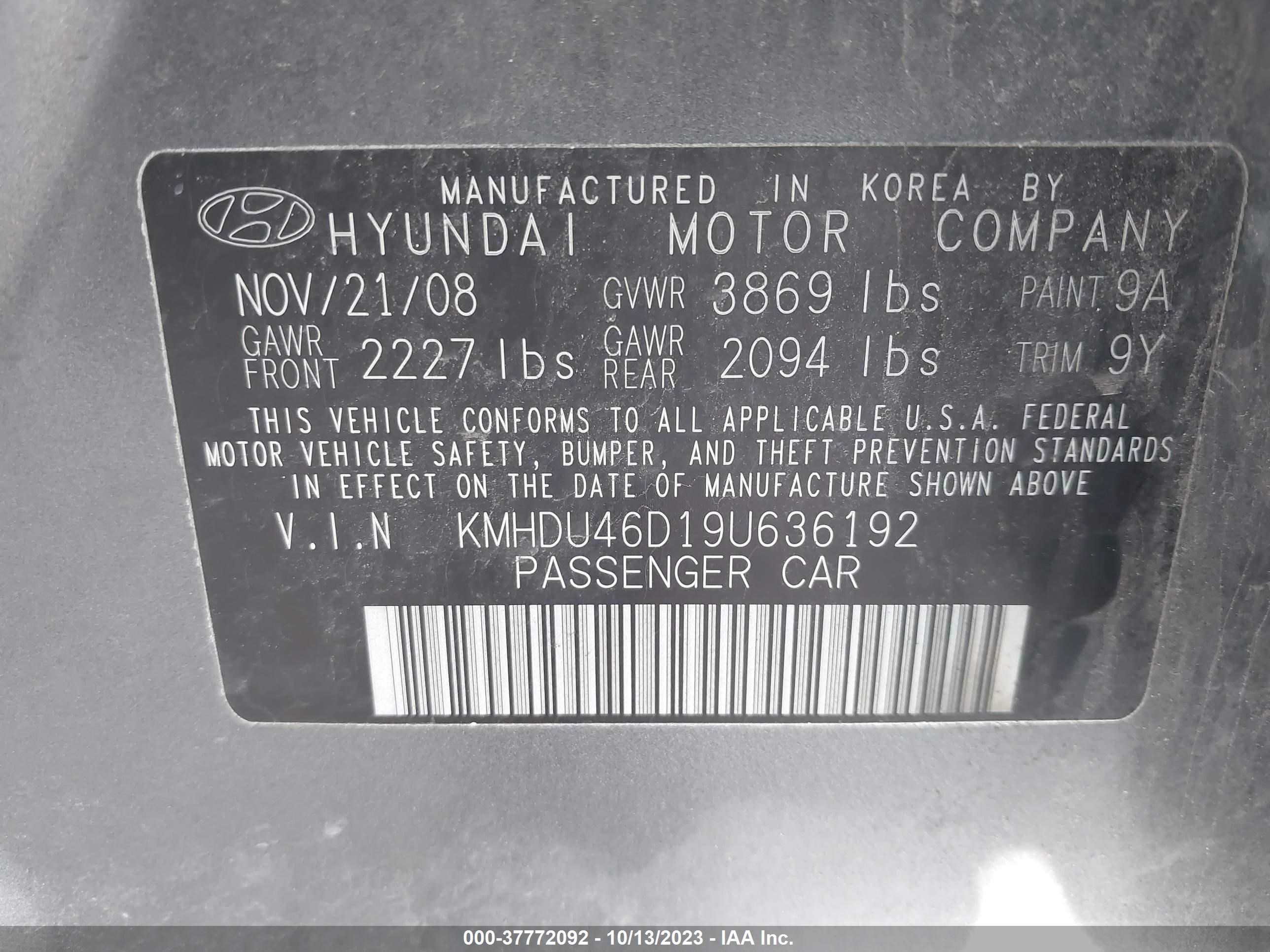 Photo 8 VIN: KMHDU46D19U636192 - HYUNDAI ELANTRA 