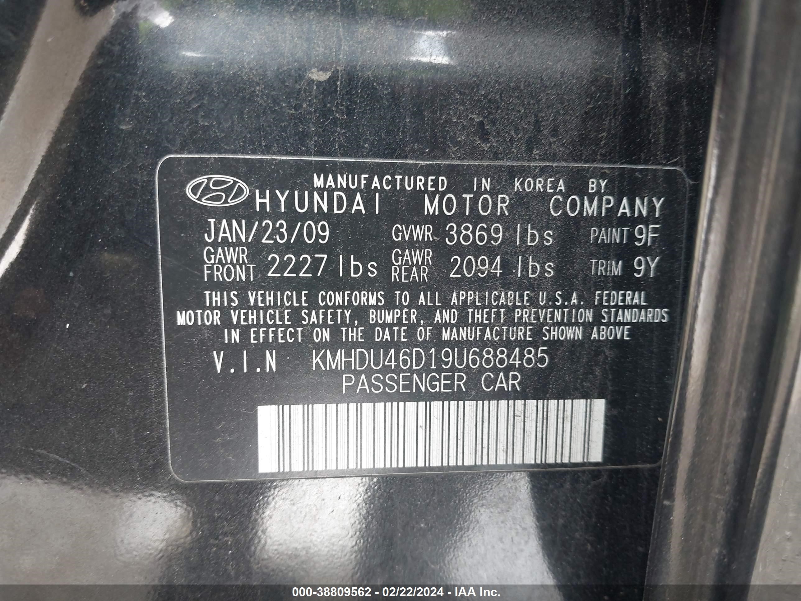 Photo 8 VIN: KMHDU46D19U688485 - HYUNDAI ELANTRA 