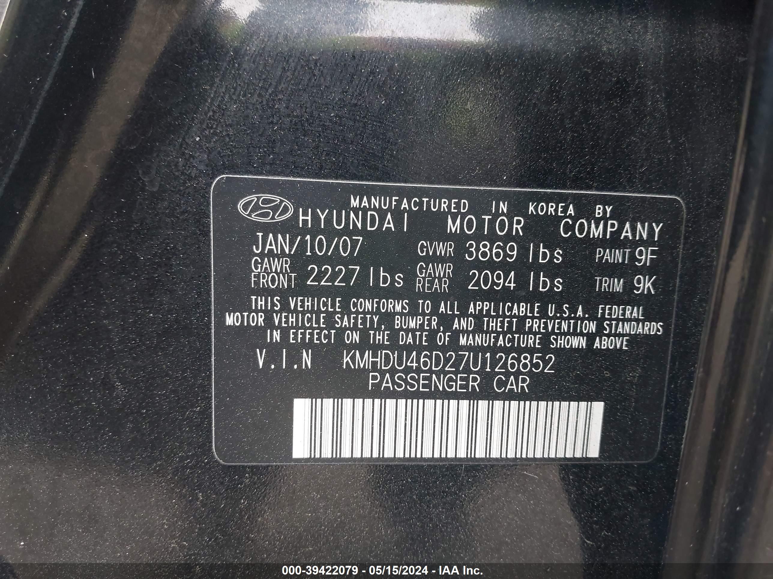 Photo 8 VIN: KMHDU46D27U126852 - HYUNDAI ELANTRA 