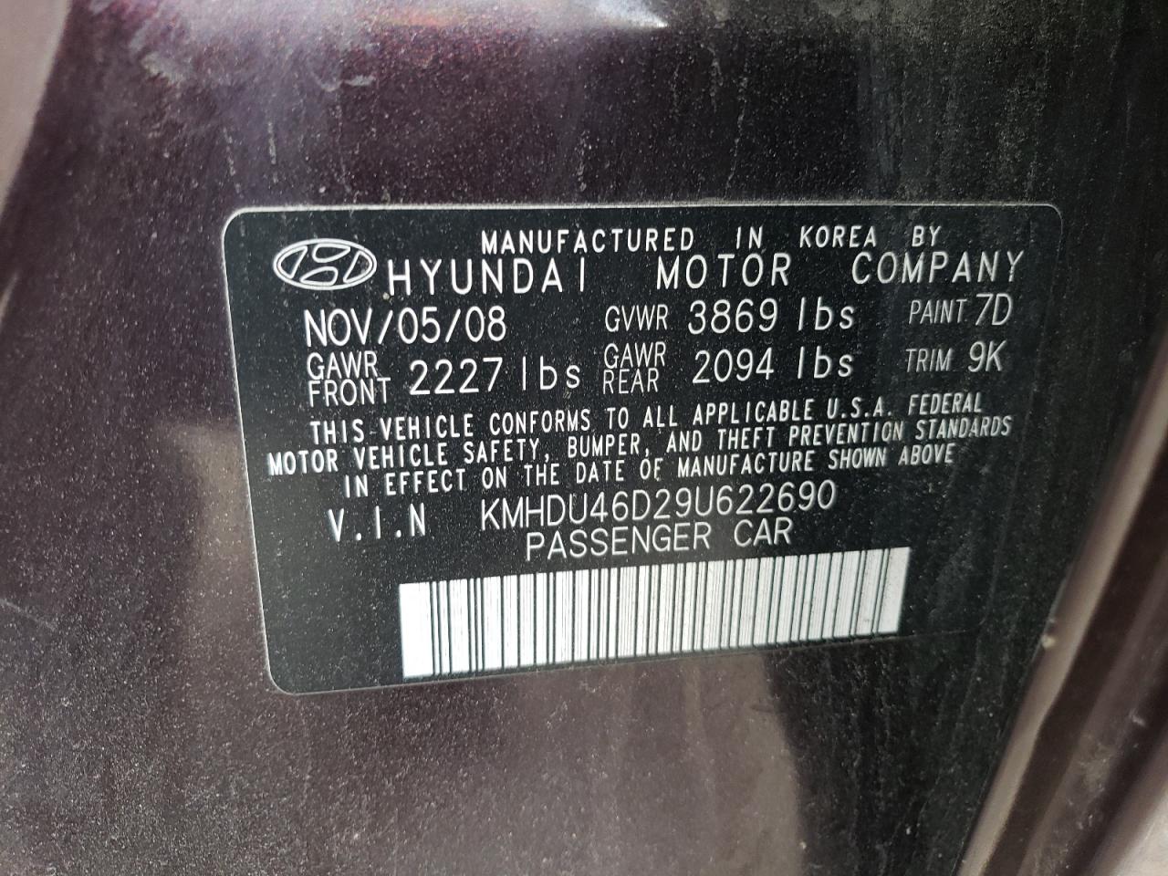 Photo 11 VIN: KMHDU46D29U622690 - HYUNDAI ELANTRA 