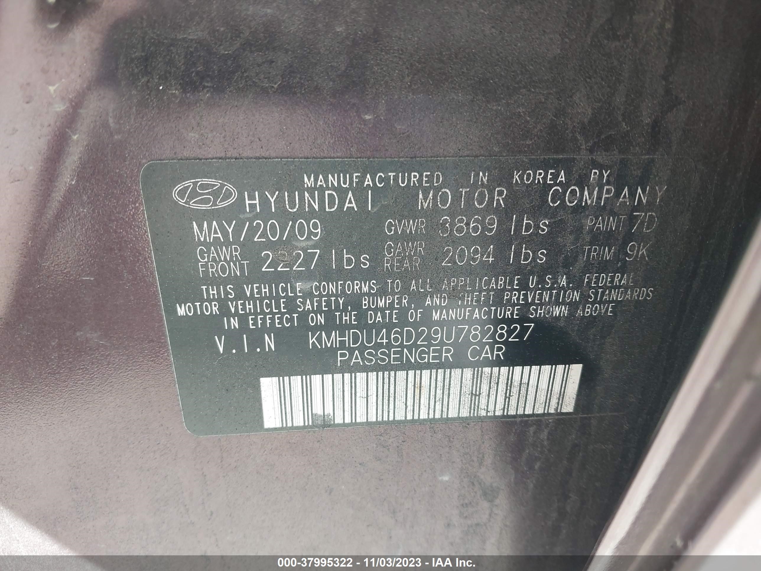 Photo 8 VIN: KMHDU46D29U782827 - HYUNDAI ELANTRA 